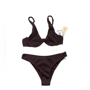 Cabana del Sol Chocolate Brown Ribbed Bikini Set with Gold Hardware
